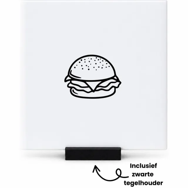 Hacebo Hamburger tegeltje met tegelhouder - Hamburger - Hamburger liefhebber - tegeltjes met tekst - Leuk cadeau voor iemand die van hamburgers houd - spreuktegels - 10.8x10.8 CM Wit