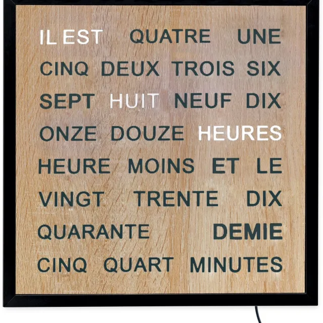 Intertime Horloge de mots | Horloge murale | 40x40 | WOOD | Francais / BOIS HOUT