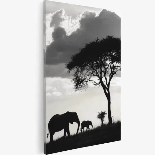 Saammp Canvas Schilderij - Olifanten silhouette - Dieren - Natuur - 20x30 - Foto op canvas - Wanddecoratie - Muurdecoratie Woonkamer - Slaapkamer decoratie - Canvas Print Multicolor