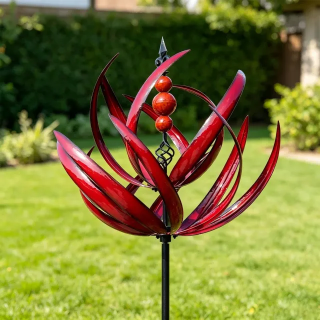Lifhelpe Metalen Wind Spinner - Lotus Vorm - Verdikte Staaf - 360 graden rotatie - Draaiende Tuin Sculptuur - Tuinornament - Rood - Geschikt voor Buiten