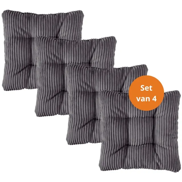 Sleepling stoelkussen, 38 x 38 cm, set van 4, ribfluweellook, zachte bekledingsstof, zitkussen in donkergrijs donkergrijs - cord