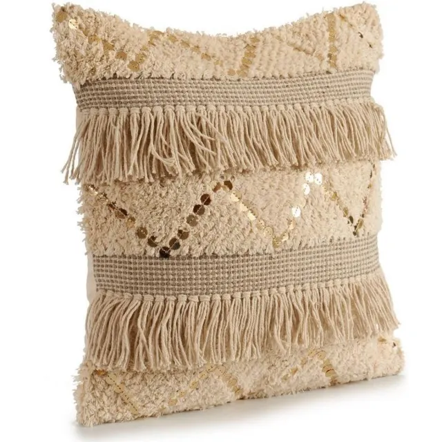 Tu Tendencia Unica Beige gebreid sierkussen met beige en witte katoenen motieven. Met pailletten en franjes. Afmetingen 45x15x45 cm Anders