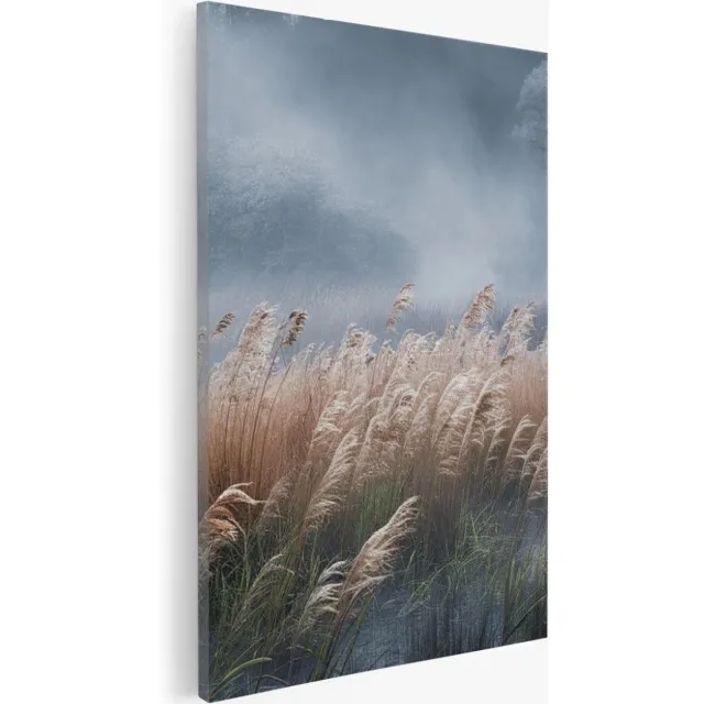 Saammp Canvas Schilderij - Hoog gras in de mist - Zonsondergang - Landschap - Natuur - 20x30 - Foto op canvas - Wanddecoratie - Muurdecoratie Woonkamer - Slaapkamer decoratie - Canvas Print Multicolor