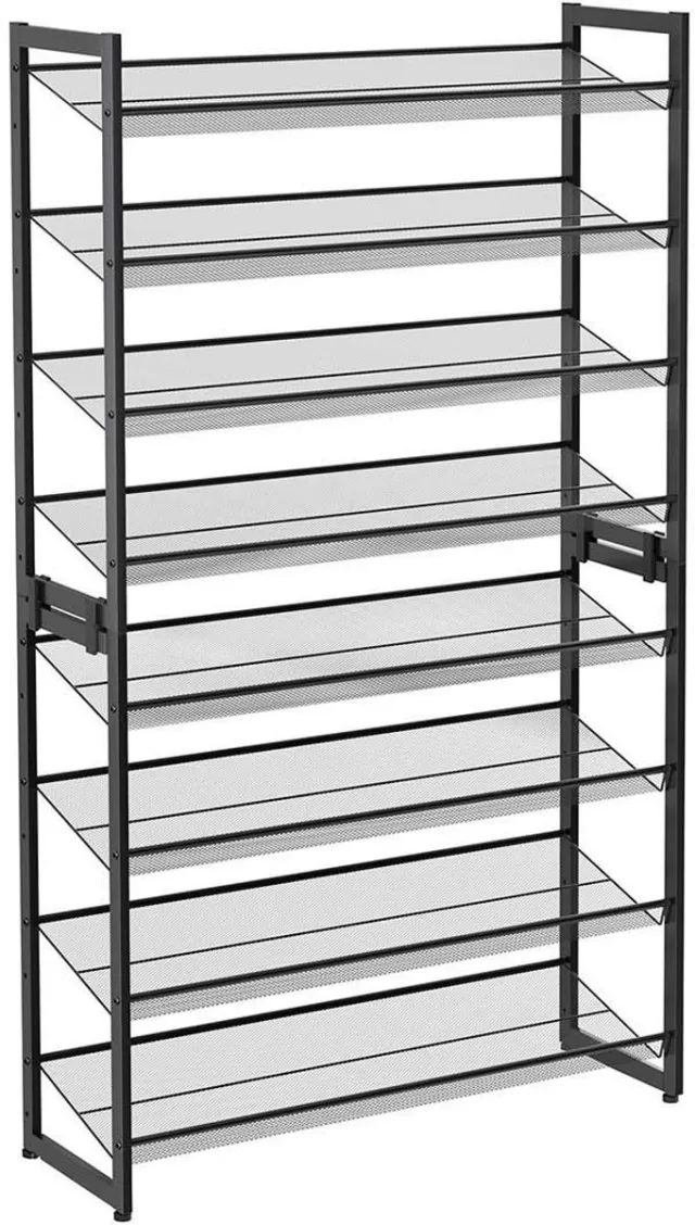 GOTAGEE Schoenenrek, opbergrek 2-delig, met 4 verstelbare netplanken, stapelbaar ontwerp voor ruimtebesparing, stevige en duurzame metalen constructie, kan vlak of schuin worden geplaatst, 92,5 x 30,7 x 163,5 cm, zwart.
