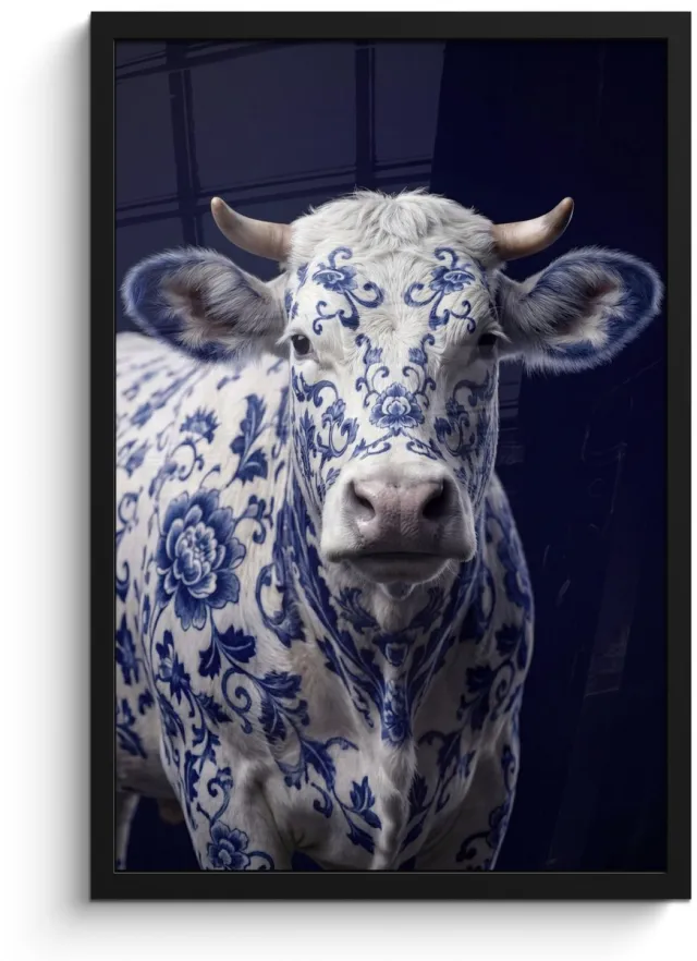 FrameYourWall Poster in lijst - Fotolijst 40x60 cm - Posters - Koe - Delfts - Blauw - Artistiek - Posterlijst zwart - Decoratie - Wanddecoratie woonkamer - Muurdecoratie slaapkamer