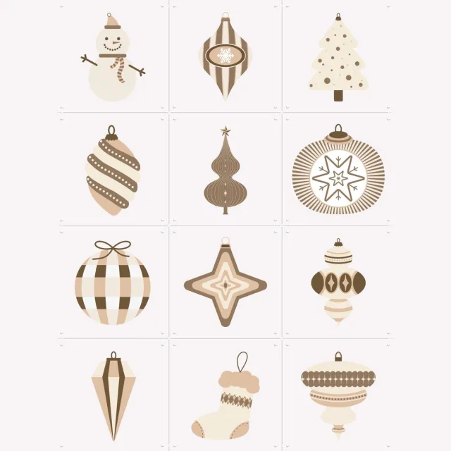 IXXI Kerst Mocha Mousse Collagebox, IXXI - 60 x 80 cm - Grote wanddecoratie en posters - Digitale Kunst, Line art, Kleurrijk, Strepen, Retro, Speels Beige / Goud