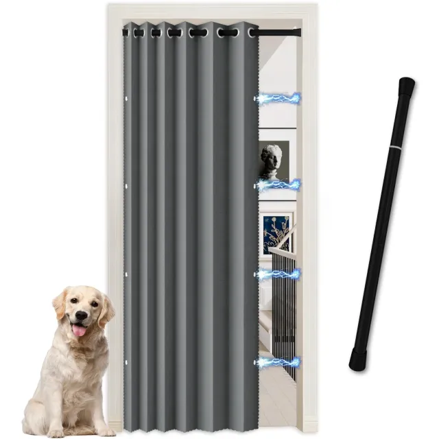 Famanu Magnetisch linnenlook deurgordijn, ondoorzichtig, inclusief magneetknoop en telescoopstang, 210 cm hoog, perfect voor scheiding van ruimtes en biedt uitstekende bescherming tegen kou Grijs