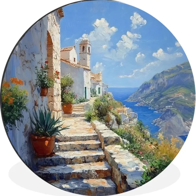 WallCircle Wandcirkel - Muurcirkel - Trap - Huizen - Berglandschap - Zee - Aluminium - Dibond - 30x30 cm - Binnen en Buiten Trap - Huizen - Landschap