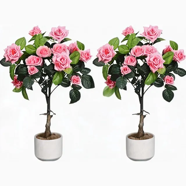 HOERFURIY compacte kunstrozenstruik - set 2 stuks 75cm roze polyester met pot voor binnen balkon woonkamer