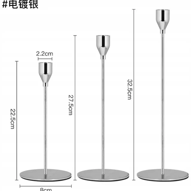 Mononegro Set van 3 metalen kandelaars, zilverkleurig, voor kaarsen met 2,2cm diameter