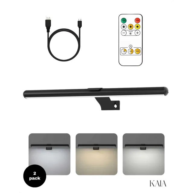 KAIA Set van 2 Oplaadbare Schilderijverlichting Extra Breed- Draadloze Wandlamp - Draadloze Schilderijverlichting Oplaadbaar - Touch en remote - Dimbaar LED 3000K/4000K/6500K - Oplaadbare Schilderijlamp Snoerloos - Sterke Accu Schilderijlamp - Zwart