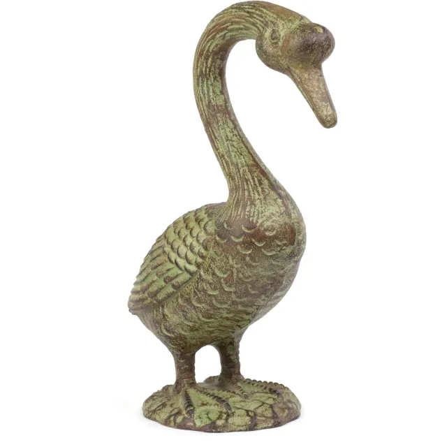 Moritz Tuinbeeld Gans - Gietijzer - 31 cm hoog - Groen Bruin Antiek - Gansbeeld staand met gebogen nek op ovale voetplaat - Gepatineerd met fijn verenreliëf - Geschikt voor binnen en buiten - Tuindecoratie voor border en vijverrand - 1 stuk groente