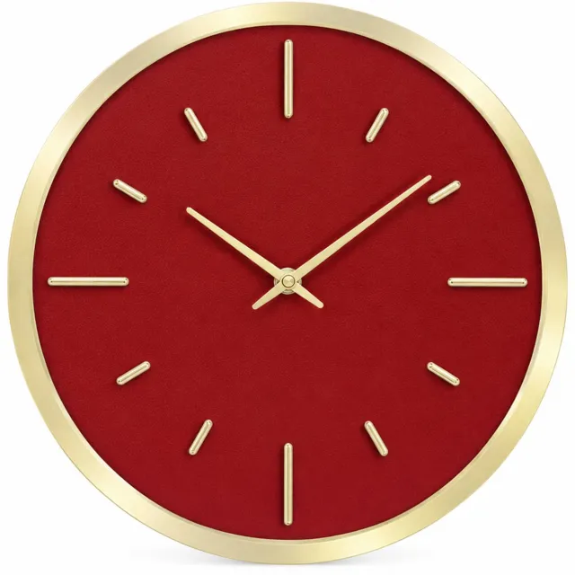 SWGOTA Ronde wandklok 12 inch met stil kwartsuurwerk - Bordeauxrood en goudkleurig - Zonder cijfers - Metalen kast - 1 stuk