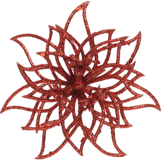 Decoris Kerstboom decoratie bloemen - kerstster - rood glitters - op clip - 14 cm - rode kerstversiering