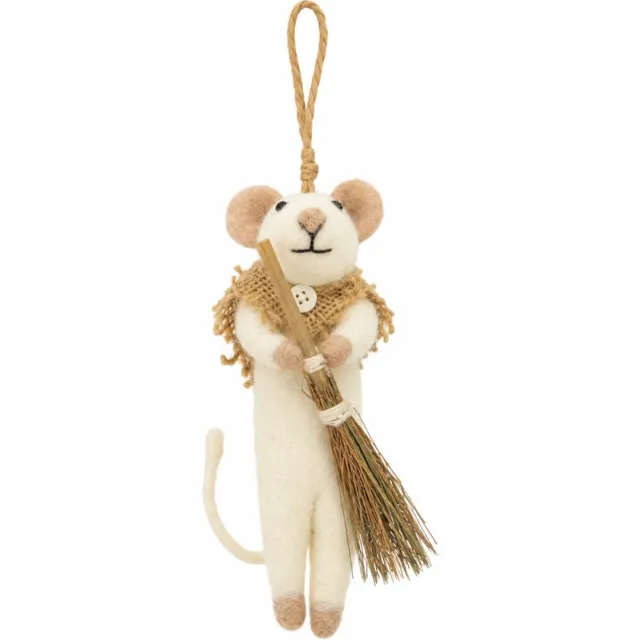 Yoko Meshi Ornament vilt kerst muis bezem Wit