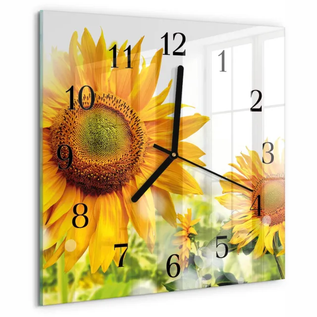 TULUP Wandklok - Zonnebloem Moderne Wandklok Glas - 30x30 cm - Geel Wandklok Glas Decoratie - Zwarte Handen - Vierkante Wandklok - Moderne Wandklok Glas - Wandklok Glas Decoratie Geel - Zonnebloem