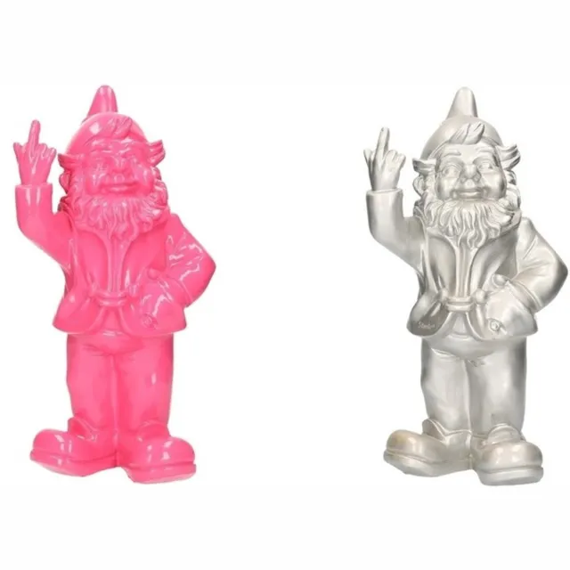 Stoobz Design Tuinkabouters roze zilver middelvinger 30 cm - polystone - set van 2 - opvallend design Multi