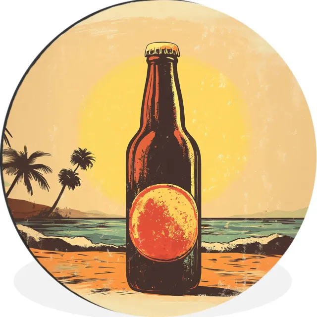 WallCircle Wandcirkel - Muurcirkel - Bierfles - Zonsondergang - Palmbomen - Zee - Aluminium - Dibond - 90x90 cm - Binnen en Buiten Bierfles - Strand