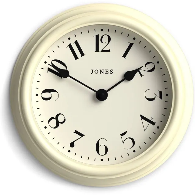 Jones Clocks Frieze wandklok | Kleine, elegante, klassieke ronde klok | 23 cm | Crème | Prachtig design, ideaal voor keukens, woonkamers, slaapkamers, grote of kleine ruimtes