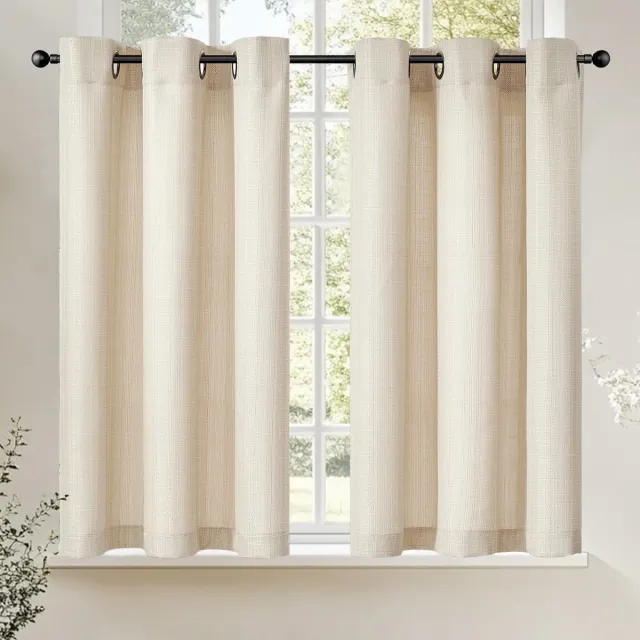 Ibenzoa Vitrage Keukengordijnen Set van 2 in Linnenlook met Oogjes, Beige, 95 x 90 cm voor Kleine Ramen