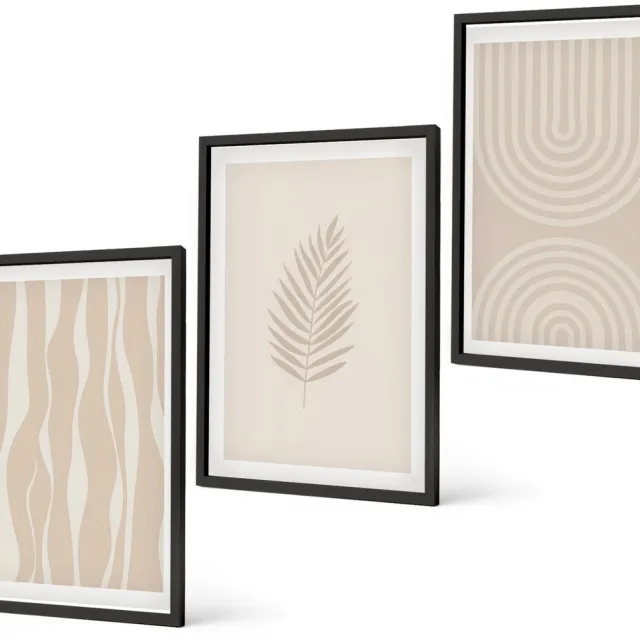 Coloray 3-Delige Schilderij Set - Patronen In Beigetinten Met Plantmotieven - 40 x 60 cm - Muurdecoratie - Schilderijen Set - Woonkamer - Stijlvolle Muurdecoratie Zwarte lijst