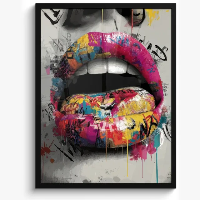 FrameYourWall Poster in lijst - Fotolijst 50x70 cm - Posters - Lippen - Graffiti - Expressief - Posterlijst zwart - Decoratie - Wanddecoratie woonkamer - Muurdecoratie slaapkamer