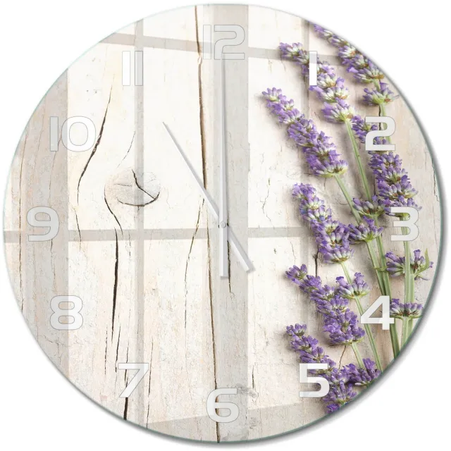 TULUP Wandklok - Lavendel op hout Wandklok Glas Decoratie - fi60 cm - Paars Gekleurde Glazen Klok - Witte handen - Ronde Klok - Klok Glas Met Opdruk - Moderne Wandklok Glas