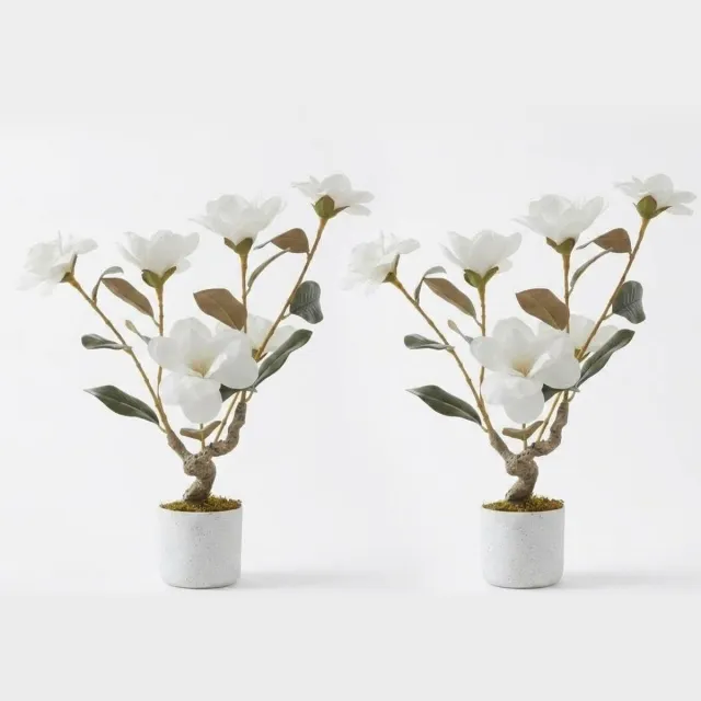 Triumpunpre Set van 2 kunstmatige magnolia's, 60 cm, hoogwaardige kunstbloemen, in pot, geschikt voor diverse omgevingen. Wit 2x60cm