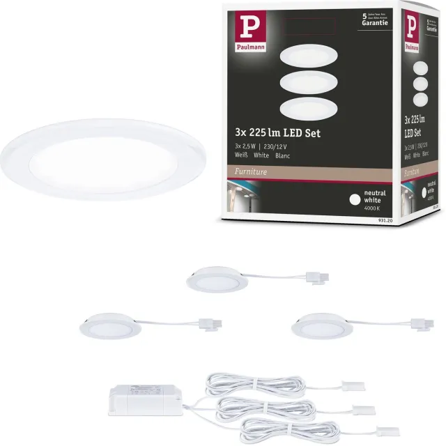 Paulmann LED-meubelinbouwlampen Set van 3 rond 65 mm 3x2,5W 3x180lm 230/12V 4000K Wit