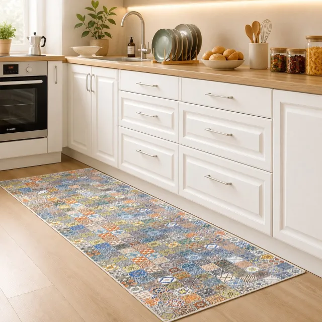 Rojellaa Keukenloper 80 x 200 cm - Tegellook - Antislip - Wasbaar - Modern Design - Blauw veelkleurig Blauw veelkieurig