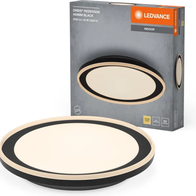 LEDVANCE ORBIS Pederson LED plafondlamp met kunststof ring, zwart, 24W, 1450lm, 3000K, 830 vriendelijk warm wit, 450mm diameter, IP20 bescherming, inclusief montageschroeven en pluggen