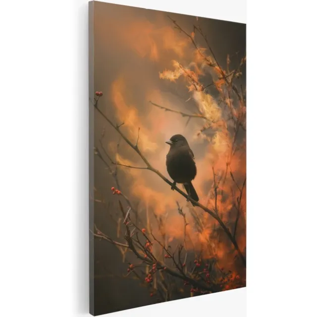 Saammp Canvas Schilderij - Vogel bij tak met besjes - Bloemen - 50x70 - Foto op canvas - Wanddecoratie - Muurdecoratie Woonkamer - Kantoor Decoratie Multicolor