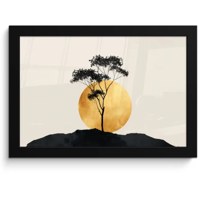 FrameYourWall Poster in lijst - Fotolijst 30x20 cm - Posters - Zwarte boom - Gouden cirkel - Heuvel - Posterlijst zwart - Decoratie - Wanddecoratie woonkamer - Muurdecoratie slaapkamer Boom - Cirkel - Heuvel