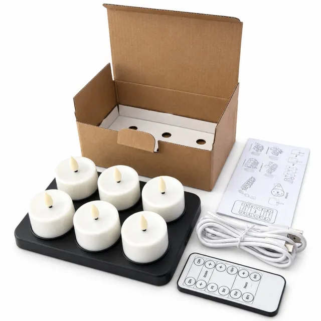 SWGOTA led kaarsen, set van 6 oplaadbare theelichtjes met matte afwerking, zwarte laadvoet met 6 plaatsen, afstandsbediening en Type-C-kabel Wit