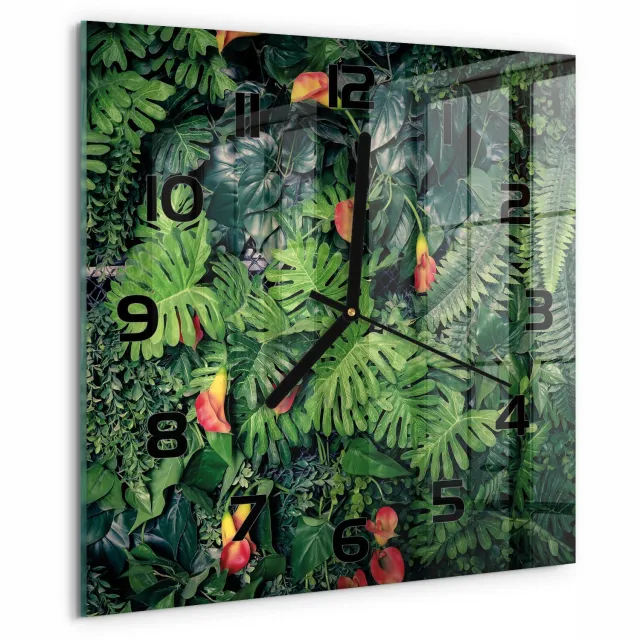 TULUP Wandklok - Exotische jungle Moderne Wandklok Glas - 30x30 cm - Groente Wandklok Glas Decoratie - Zwarte handen - Vierkante Klok - Glazen Wandklok Design - Klok Glas Met Opdruk