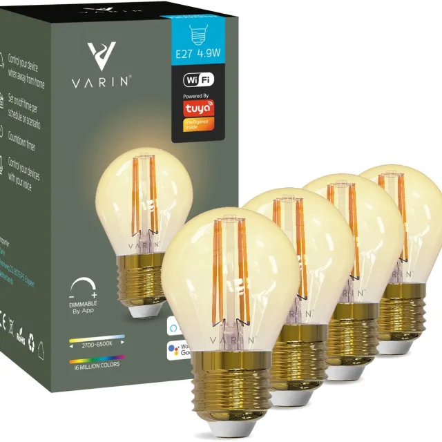 Varin Smart Filament Led Lamp E27 G45 [4 stuks] - 5W - Extra warm wit licht - Bediening via app - Voice control - Slimme bulb verlichting - Smart Light - Google Home en Amazon Alexa - Tuya wifi - Nachtlamp - Lampen woonkamer, keuken, slaapkamer, hal