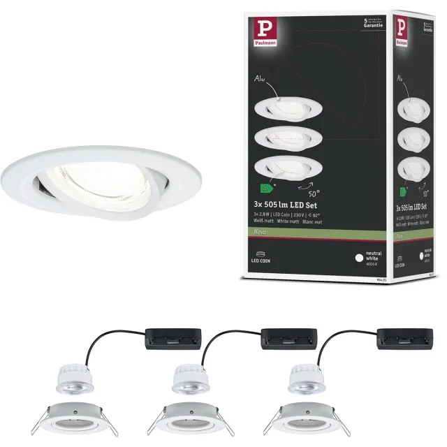 Paulmann LED-inbouwlamp Nova Coin Set van 3 rond 84 mm 50° 3x2,8W 3x505lm 230V 4000K Wit mat