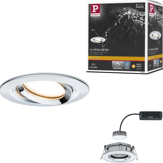 Paulmann LED-inbouwlamp Nova Plus Coin Enkele lamp zwenkbaar IP65 rond 93 mm 30° Coin 6W 470lm 230V dimbaar 2700K Chroom