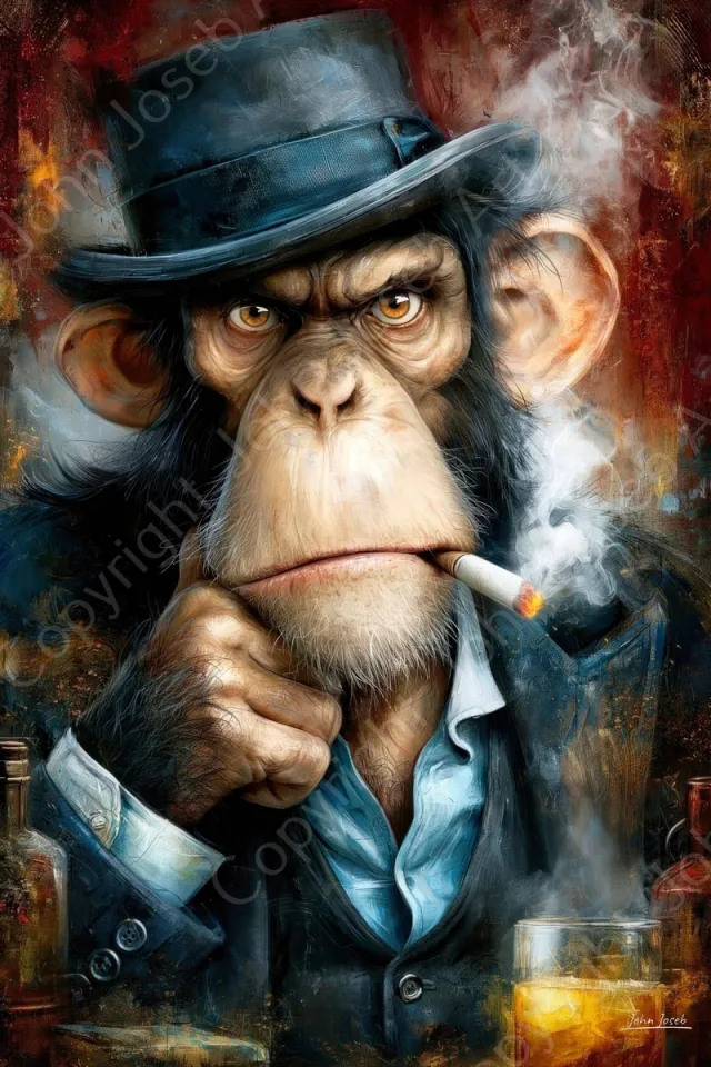 John Joseb Art (Canvas) 40x60 | Boze aap in pak aan de bar, kostuum, hoed, sigaret, roken, drank, mafia baas, abstract, kunst, portret, dier, rood, blauw, geel, modern | Foto-Schilderij canvas print (wanddecoratie) Canvas, dikte 2 cm