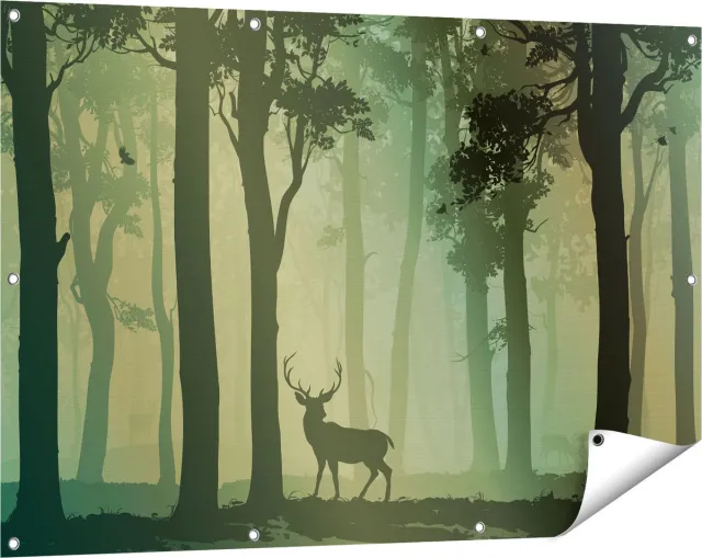 Gards Tuinposter Hert in het Bos - Silhouet - 120x80 cm - Tuindoek - Tuindecoratie - Wanddecoratie buiten - Tuinschilderij Multikleur