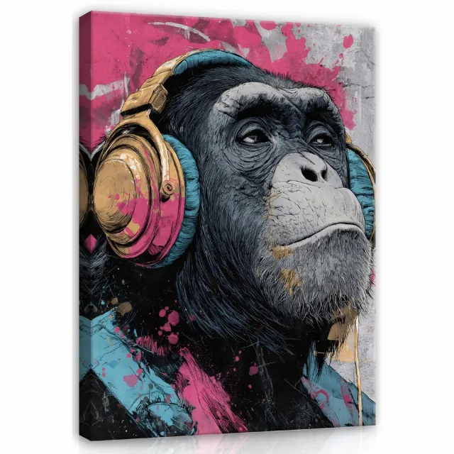 WALLARENA Schilderij op canvas - 40x30 cm - graffiti aap in Banksy stijl - moderne wanddecoratie kantoor en woonkamer Veelkleurig
