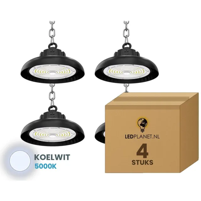 Tsong UFO Lamp - LED High Bay 150W - 27.000 lm - Neutraalwit 5000K - 4 stuks - Instelbaar 90/120/150W - IP65 - Hal, Werkplaats- & Garageverlichting - 5 jaar garantie Koelwit 5000K
