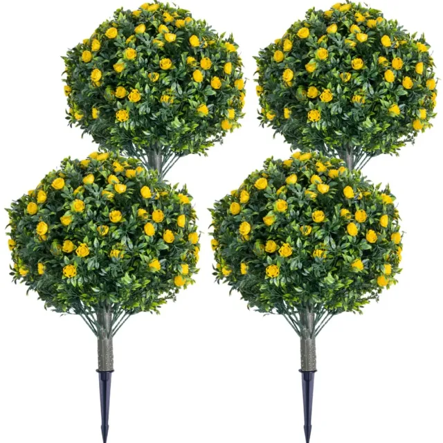 Triumpunpre Set van 4 Kunstmatige Bomen met Grondpen – Bolvormige Topiary Boom met Gele Bloemen – Kunstplant voor Buiten 60 cm – PE – Onderhoudsvrij – Tuin, Terras & Entree 1 set PE kunstbomen voor in de grond, 4 stuks met gele bloemen, 60*40 cm PZD-1-235