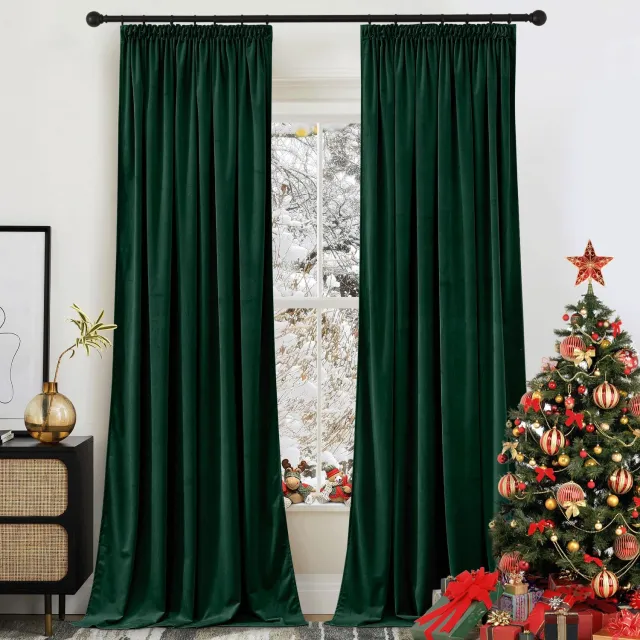 Famanu Verduisterende fluwelen gordijnen kant-en-klaar, 2 stuks, 132x240 cm, donkergroen, warmte- koude-isolerend, ideaal voor woonkamer en slaapkamer, perfect voor kerstversieringen