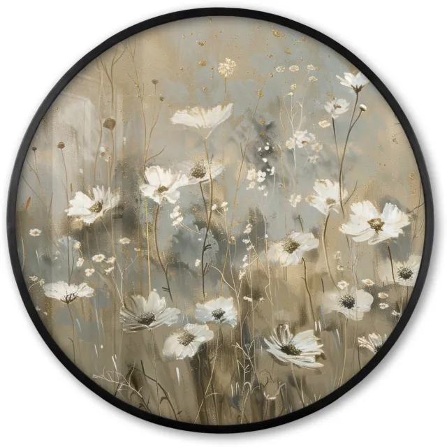 FrameYourWall Poster in lijst Rond - Fotolijst 80x80 cm - Posters - Bloemen - Wit - Natuur - Grijs - Modern - Ronde posterlijst zwart - Decoratie - Wanddecoratie woonkamer - Muurdecoratie slaapkamer Bloemen - Natuur