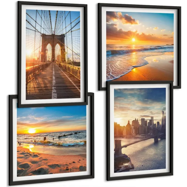 Coloray 4-Delige Schilderij Set - Bruggen En Zonsondergangen In Het Stedelijk Landschap - 40 x 40 cm En 40 x 60 cm - Muurdecoratie - Decoratieve Schilderijen - Wohnzimmer - Moderne Wanddecoratie Zwarte lijst