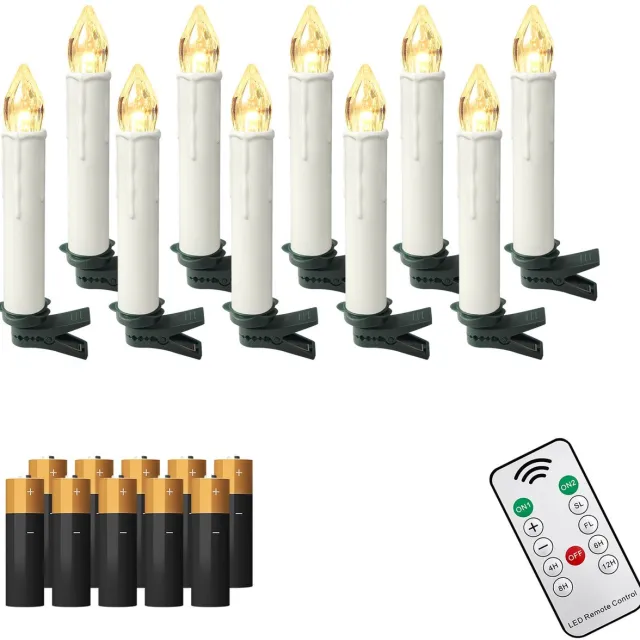NAIZY 10x LED Kaarsen Kerstkaarsen draadloos warm wit Kerstkaars met timerfunctie afstandsbediening Kerstkaarsen LED kaars met clip, voor feestdecoratie bruiloft feest, met Batterij