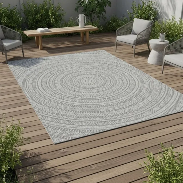 TapisTrend Designer tapijt Antraciet 160 cm rond Etnisch mandala- met sisal-effect, geschikt voor binnen- en buitengebruik, voor de woonkamer, het terras, het balkon