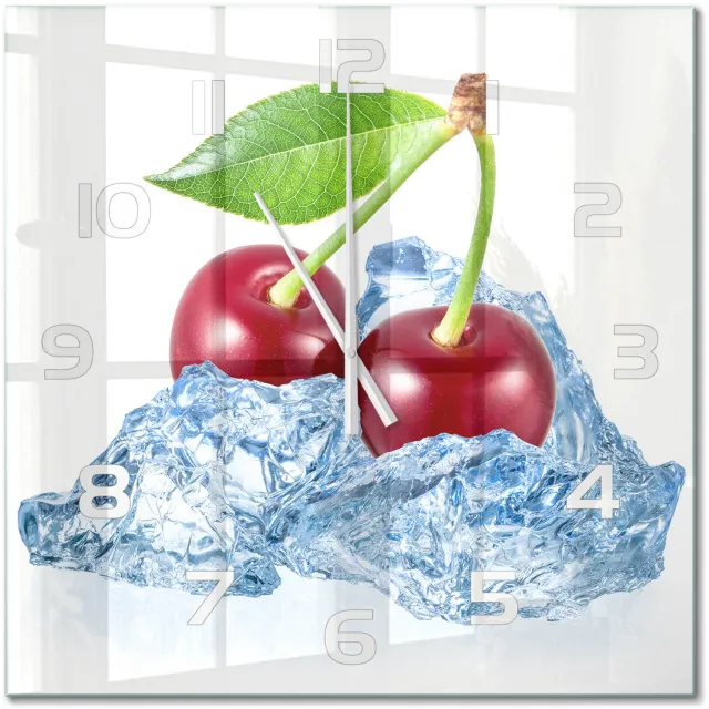 TULUP Wandklok - Kers met ijs Glazen Wandklok Design - 60x60 cm - Rood Klok Glas Met Opdruk - Witte handen - Vierkante Klok - Wandklok Glas Met Motief - Decoratieve Glazen Klok