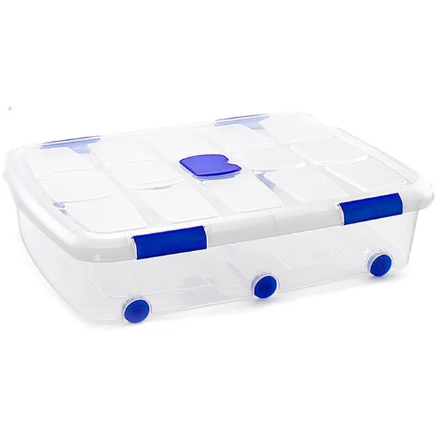 PLASTICFORTE Opslagbox - 1x - met deksel - 56L - 80x60x18 cm - transparant - opbergbak met wielen